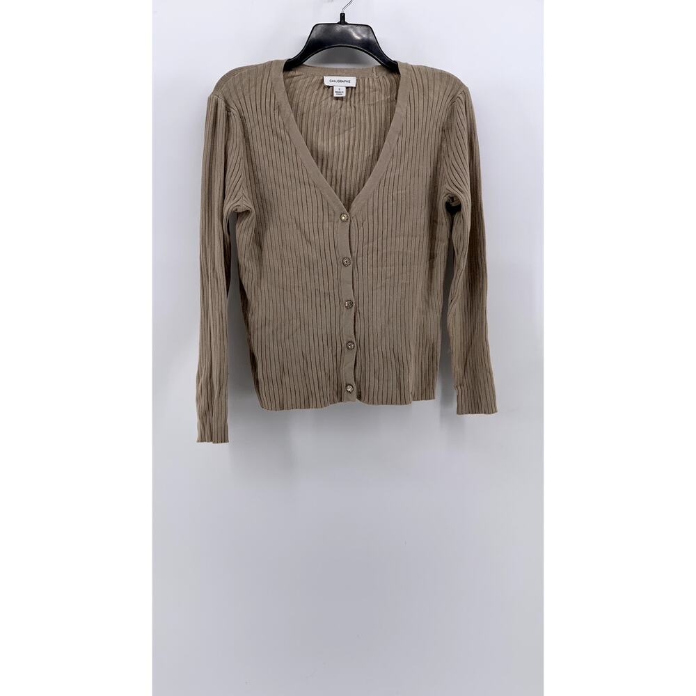 CALLIGRAPHIE Women's Tan Ribbed V-Neck Button-Up Cardigan SZ S